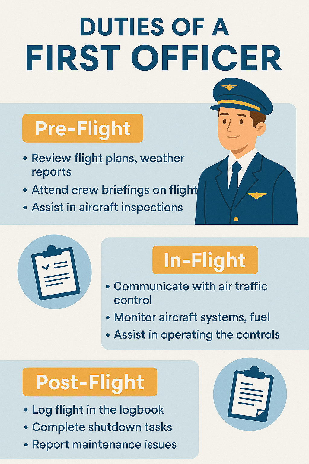  Illustrated breakdown of First Officer duties in aviation